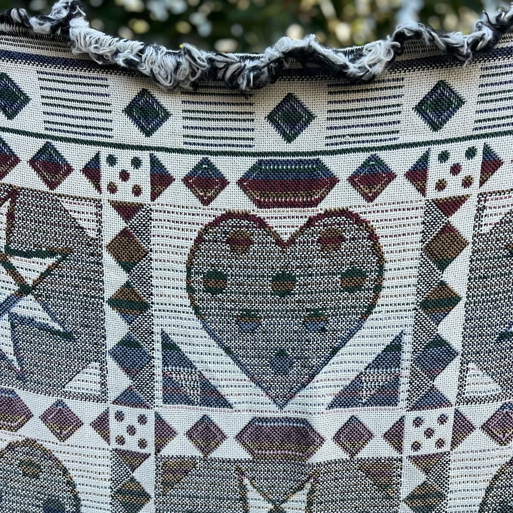 Vintage Woven Folk Art Throw Blanket Heart & Star Quilt Pattern Fringe